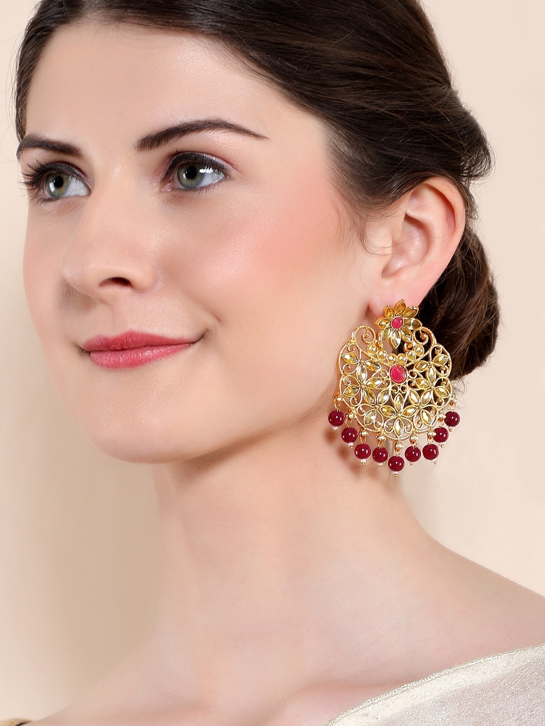 

Rubans Gold-Toned & Red Classic Pearl Studded Handcrafted Drop Earrings