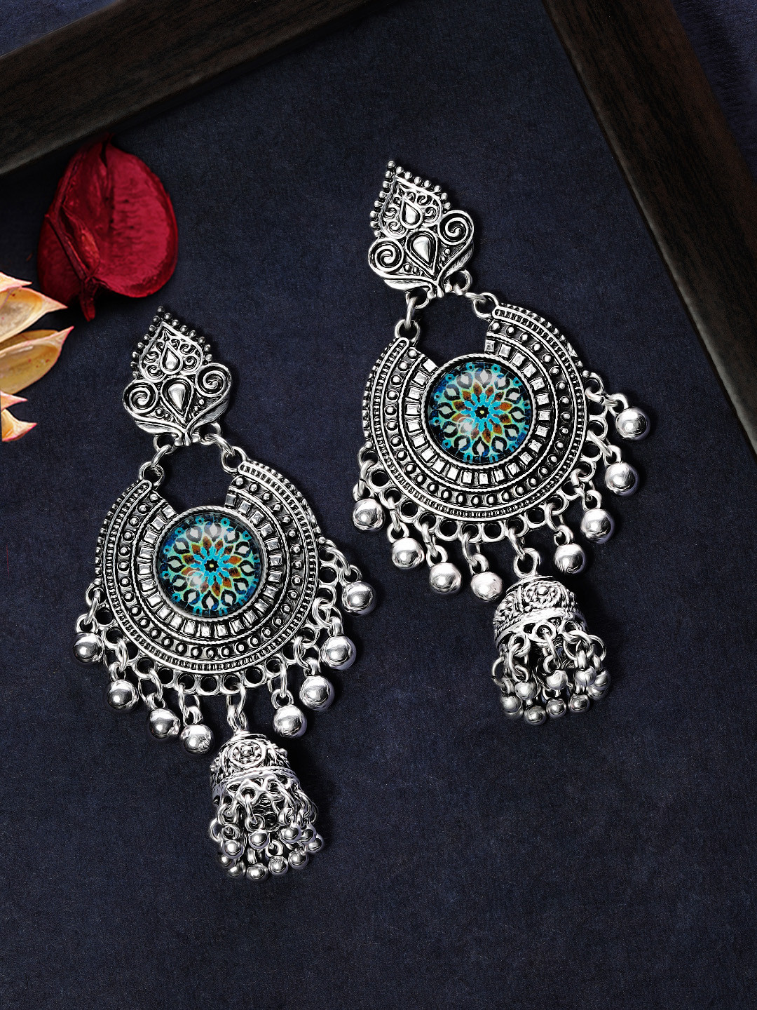 

Rubans Silver-Toned & Blue Crescent Shaped Oxidised Drop Earrings