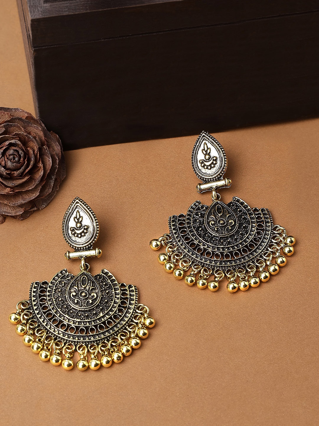 

Rubans Gold-Toned & Black Oxidised Crescent Shaped Drop Earrings