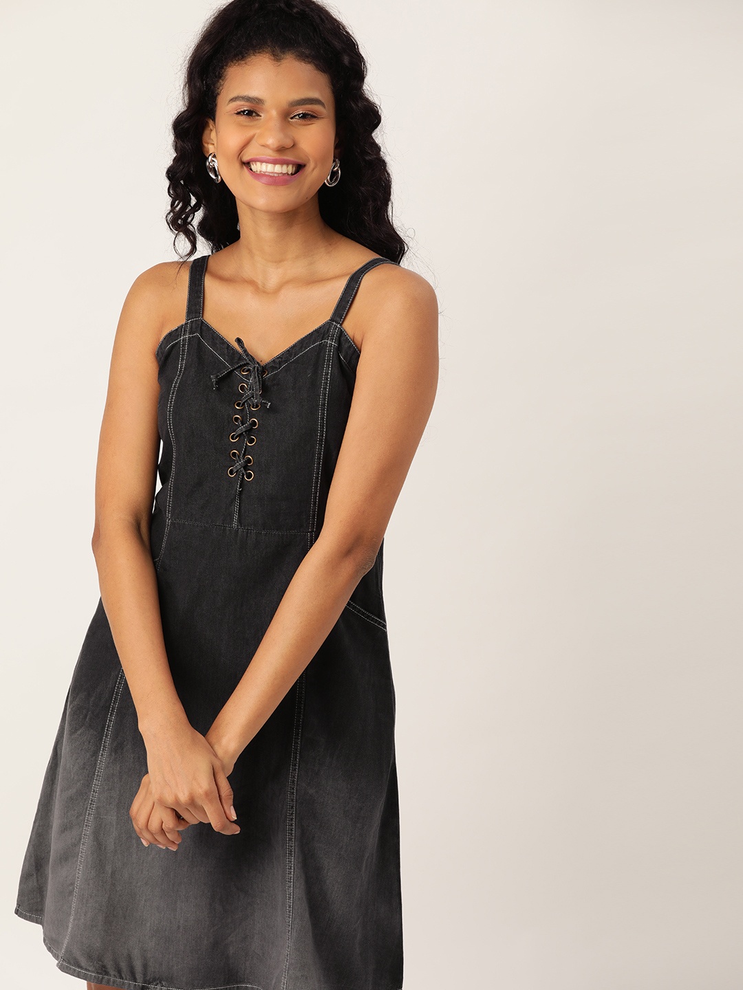 

DressBerry Women Charcoal Grey Solid Denim Washed A-Line Dress