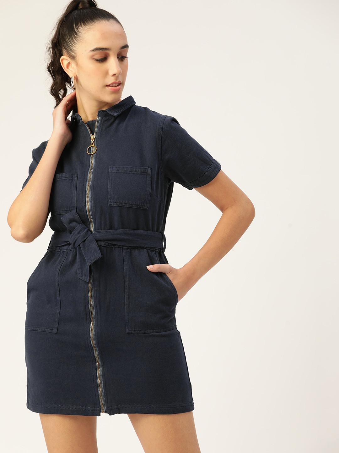 

DressBerry Women Navy Blue Pure Cotton Shirt Dress
