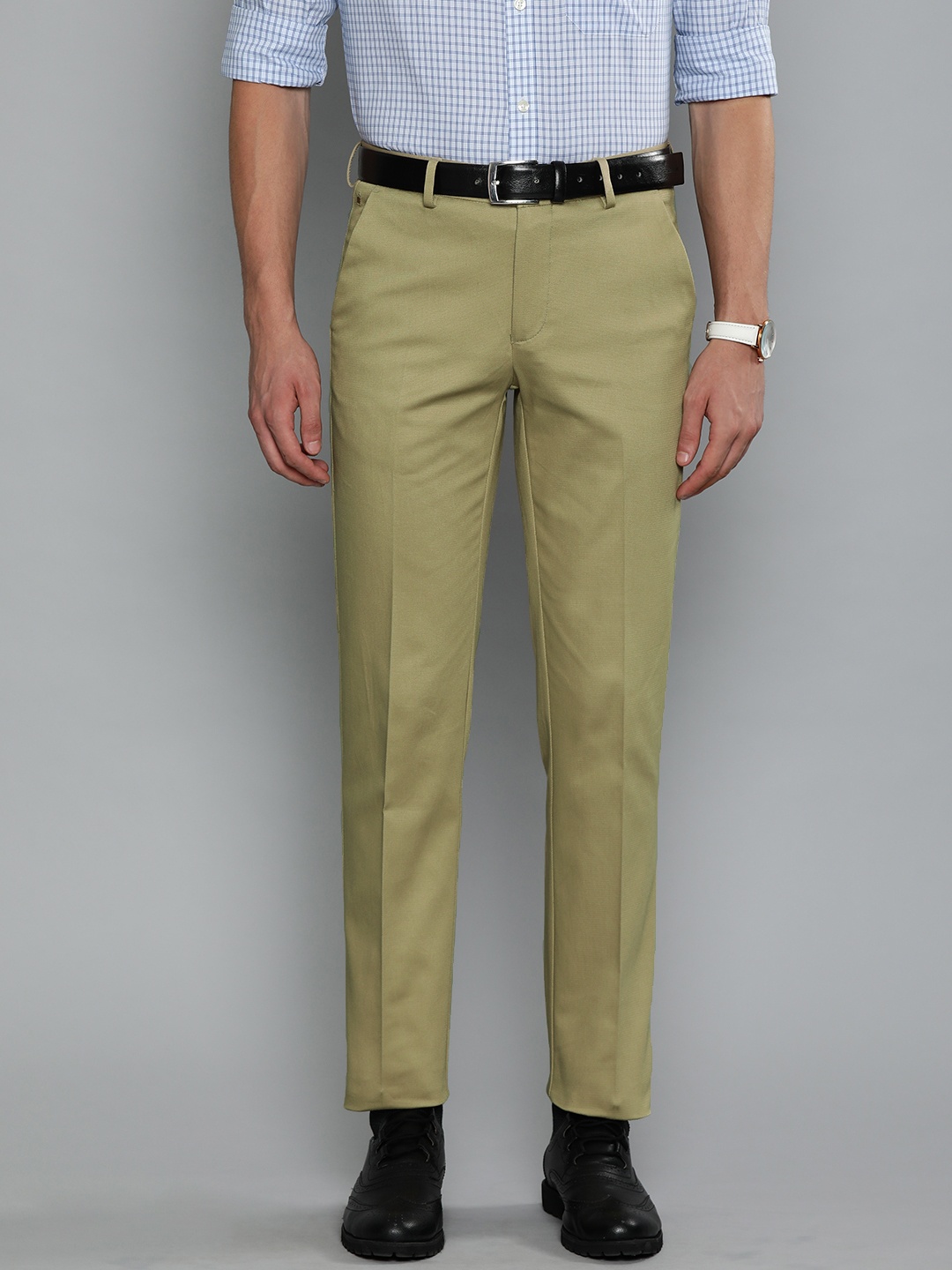 

Louis Philippe Men Beige Slim Fit Self Design Formal Trousers
