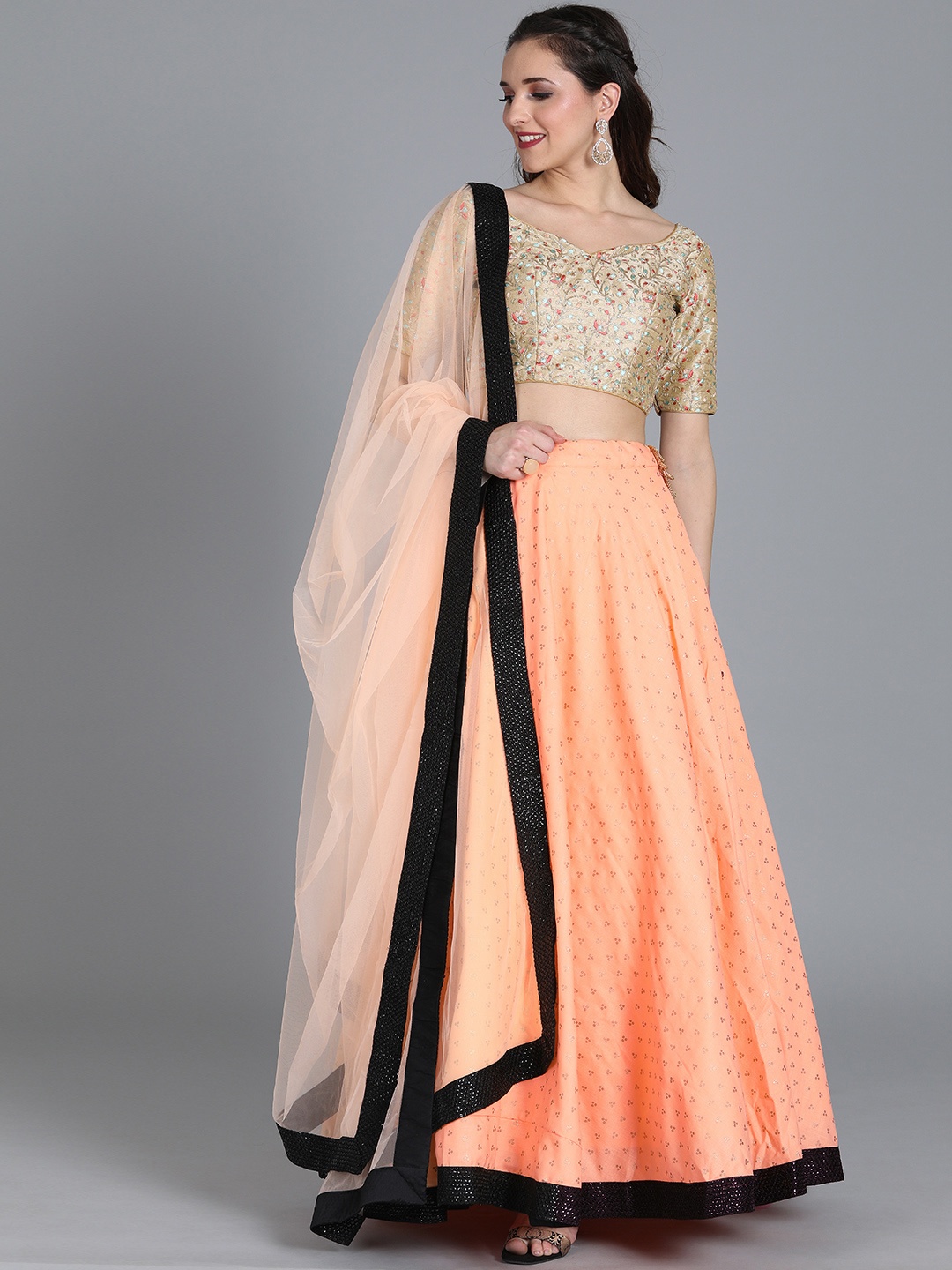 

Ethnovog Beige Peach-Coloured Embroidered Made to Measure Lehenga Blouse with Dupatta