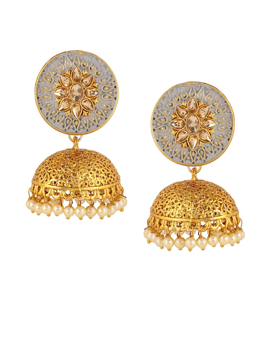 

Shining Diva Gold-Plated & Grey Dome Shaped Jhumkas