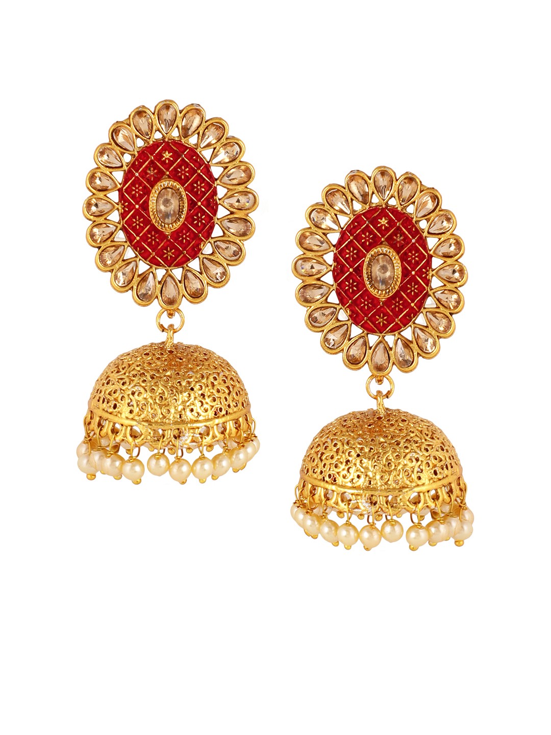 

Shining Diva Gold-Plated & Red Antique Classic Jhumkas