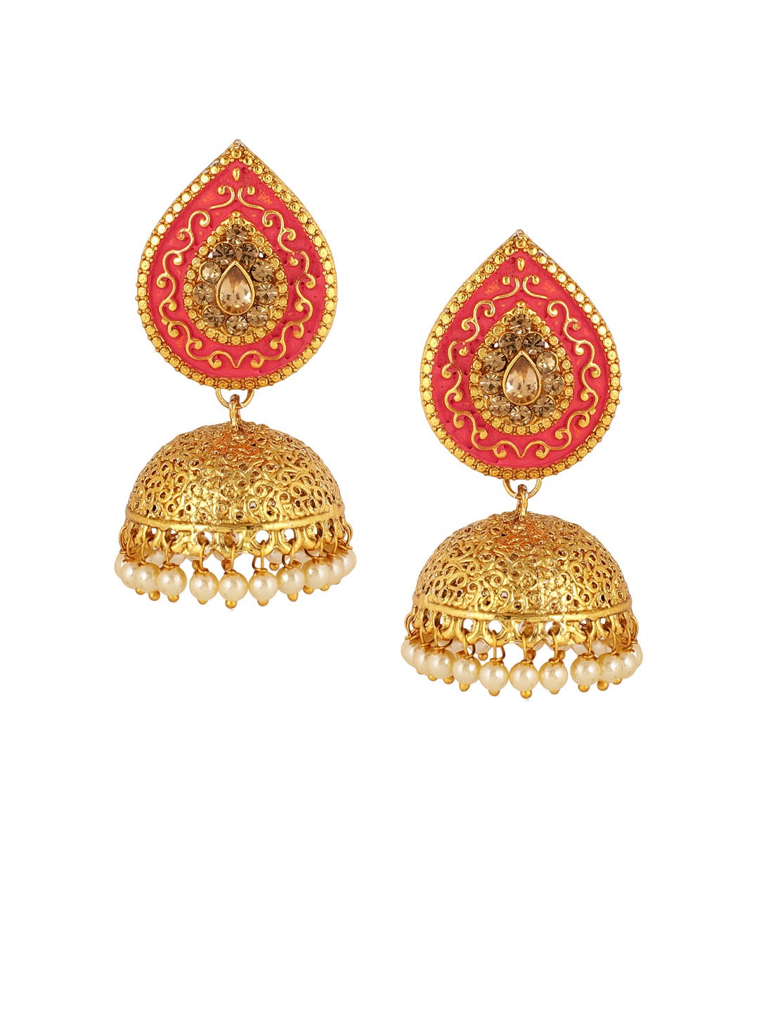 

Shining Diva Gold-Plated & Peach-Coloured Classic Jhumkas