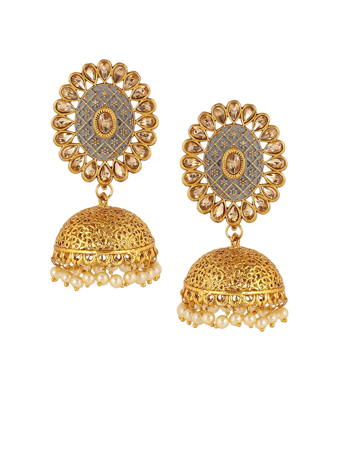 

Shining Diva Gold-Toned & Grey Dome Shaped Jhumkas