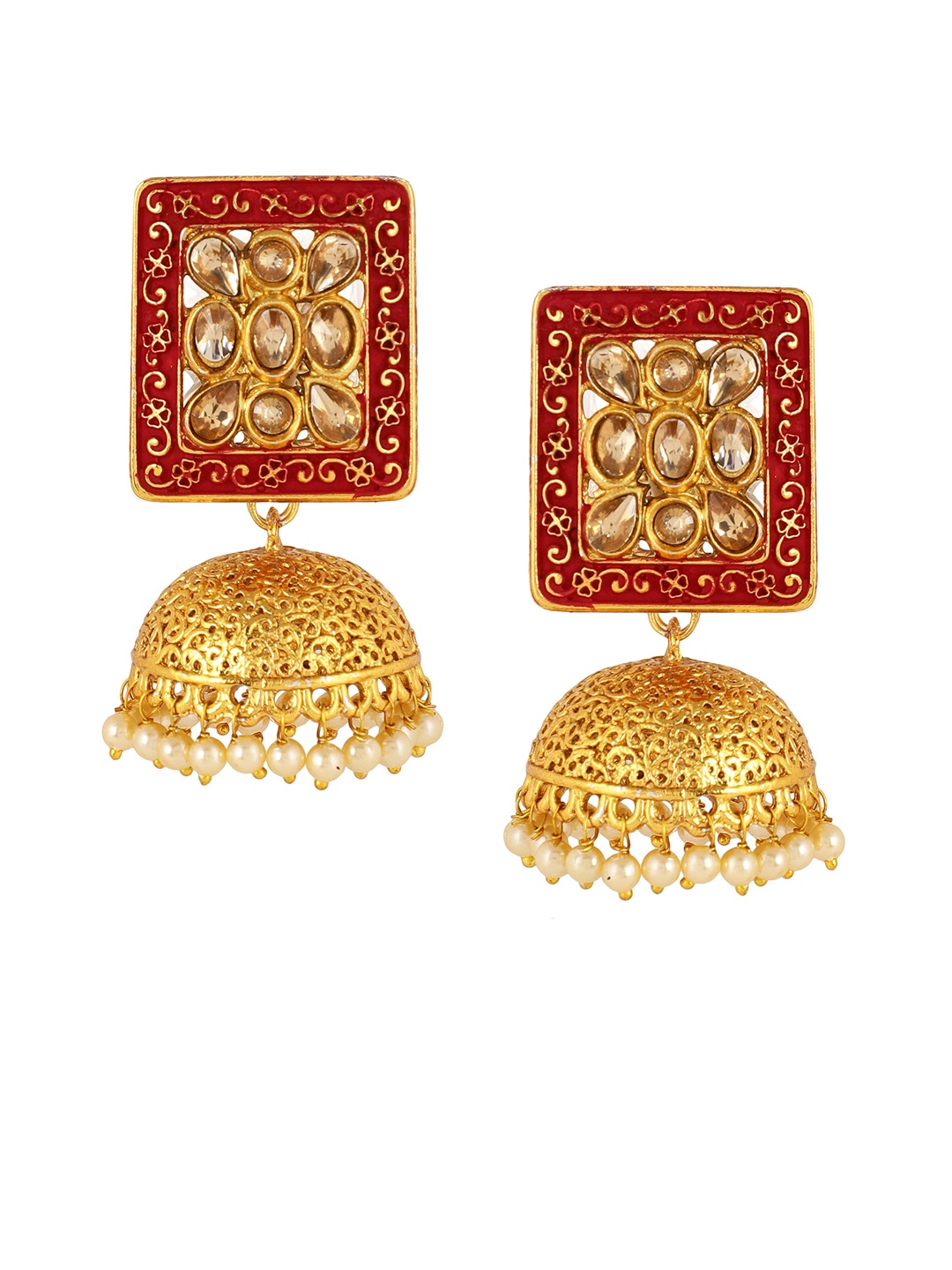 

Shining Diva Gold-Toned & Red Classic Jhumkas