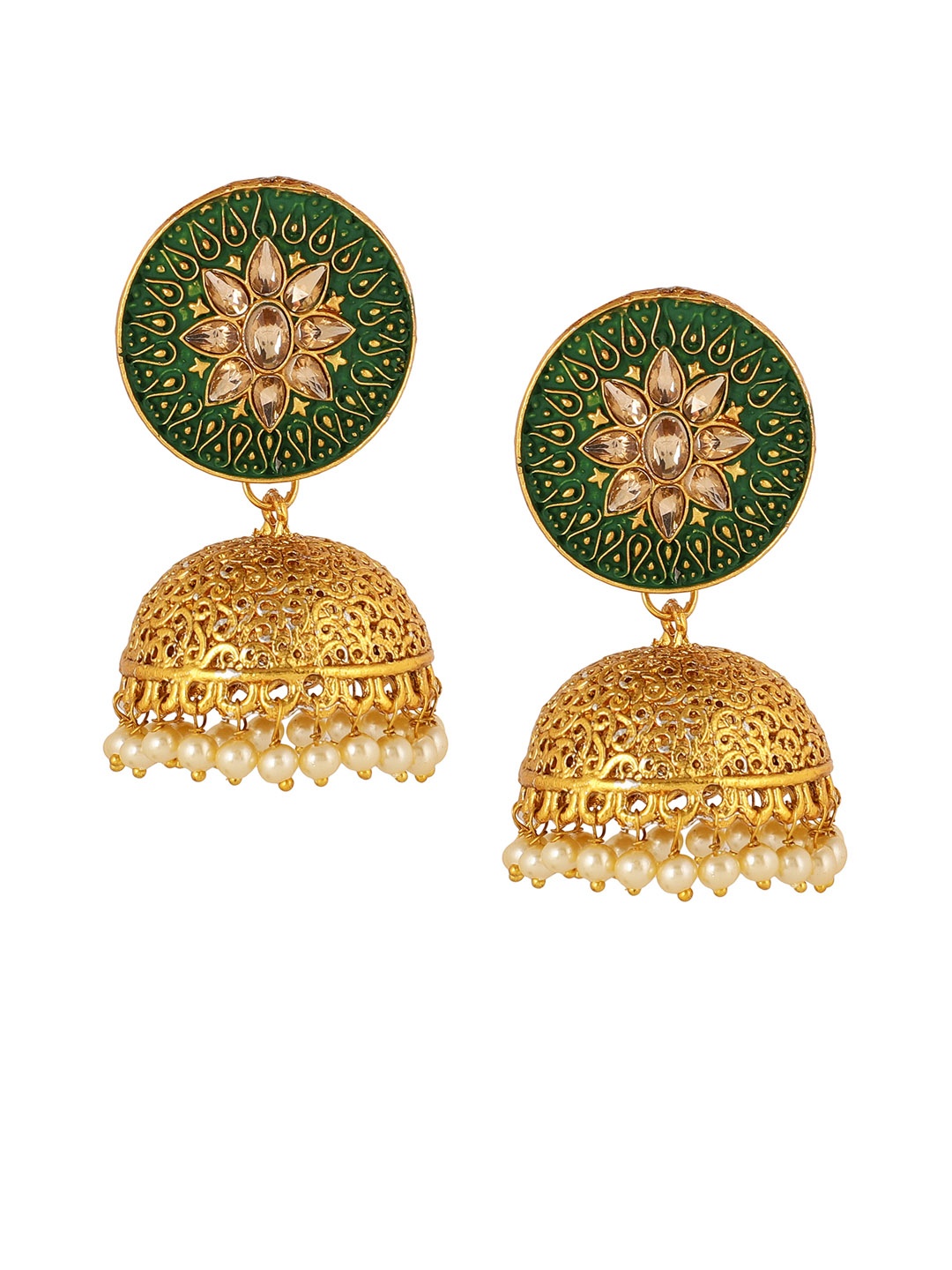 

Shining Diva Gold-Plated & Green Dome Shaped Jhumkas