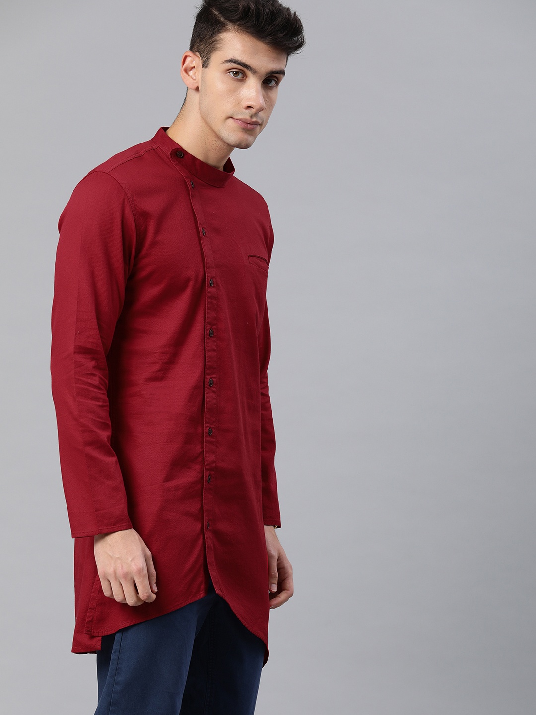 

IVOC Men Maroon Self Design Straight Asymmetric Kurta