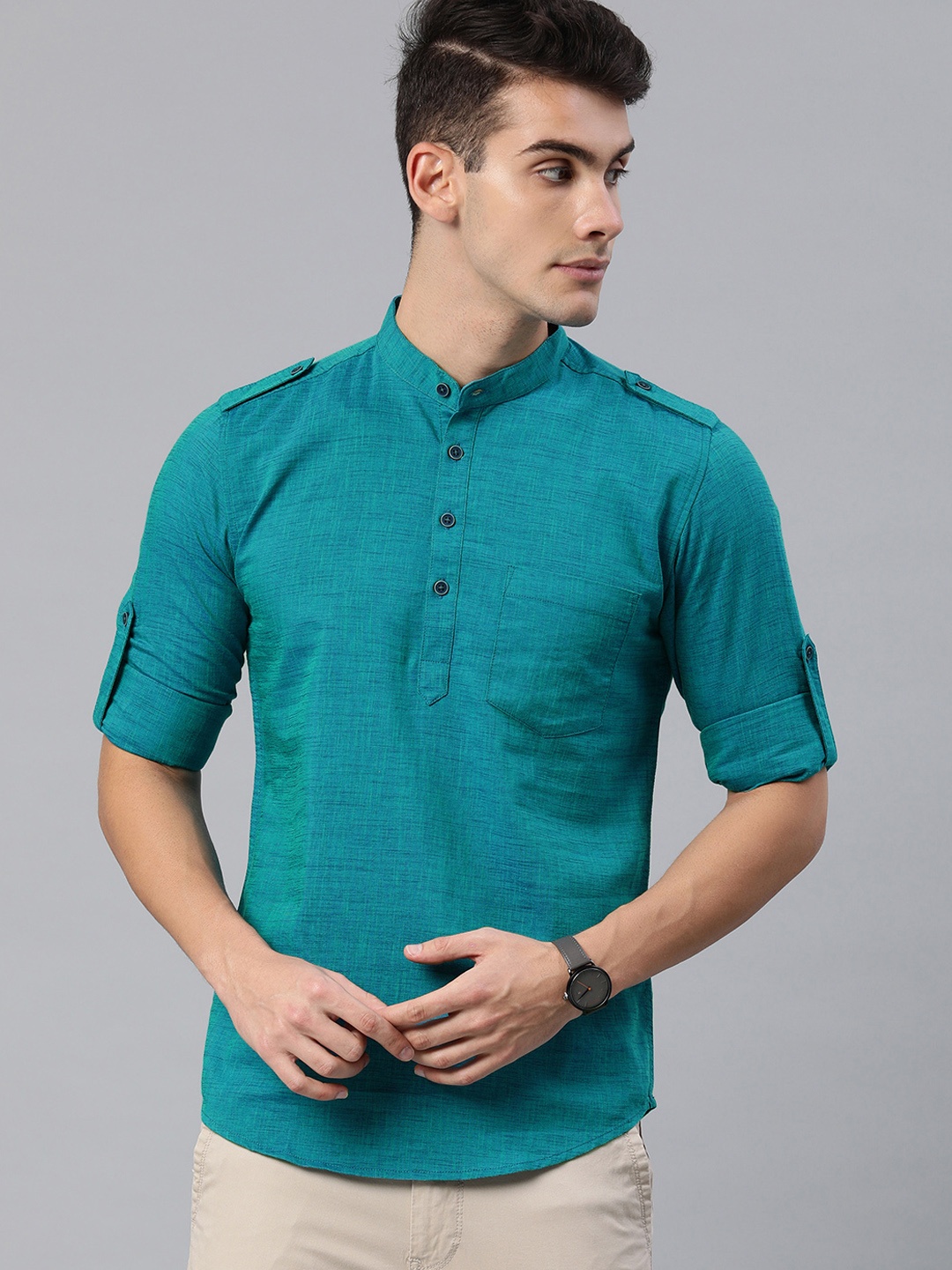 

IVOC Men Turquoise Blue Solid Pathani Kurta