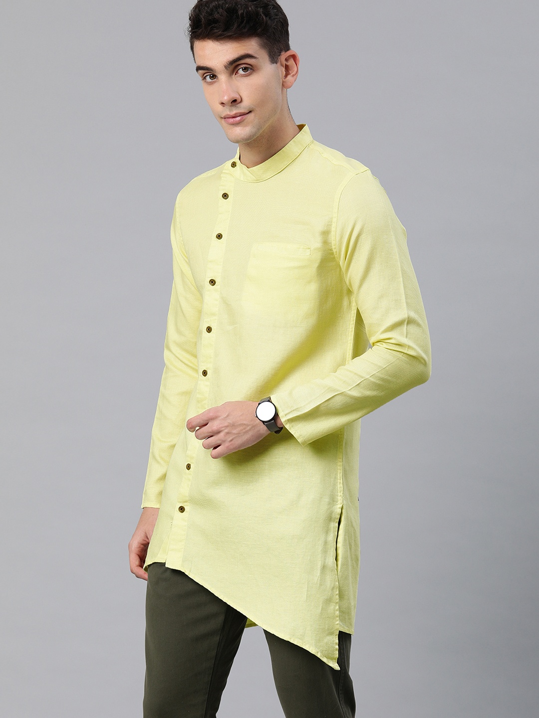 

IVOC Men Lime Green Self Design Asymmetric Kurta