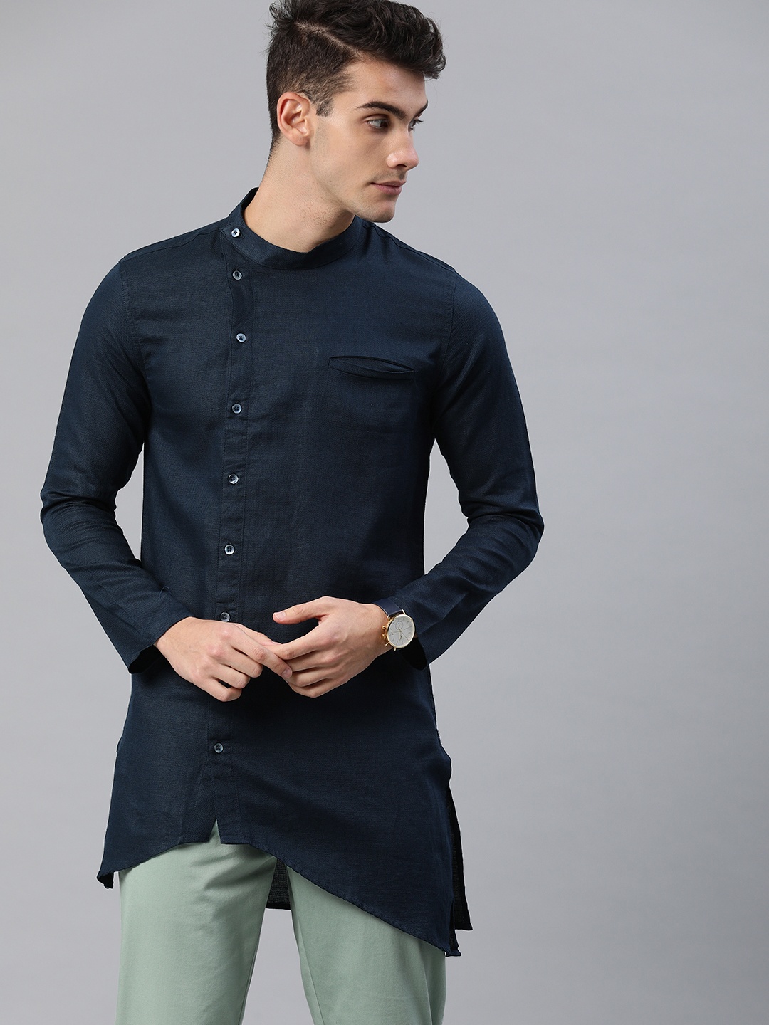

IVOC Men Navy Blue Solid Straight Linen Asymmetric Kurta
