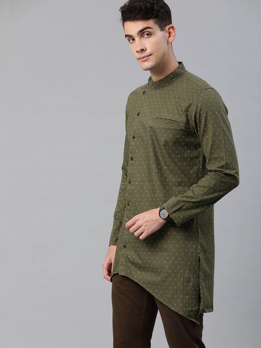 

IVOC Men Olive Green & White Printed Asymmetric Straight Kurta