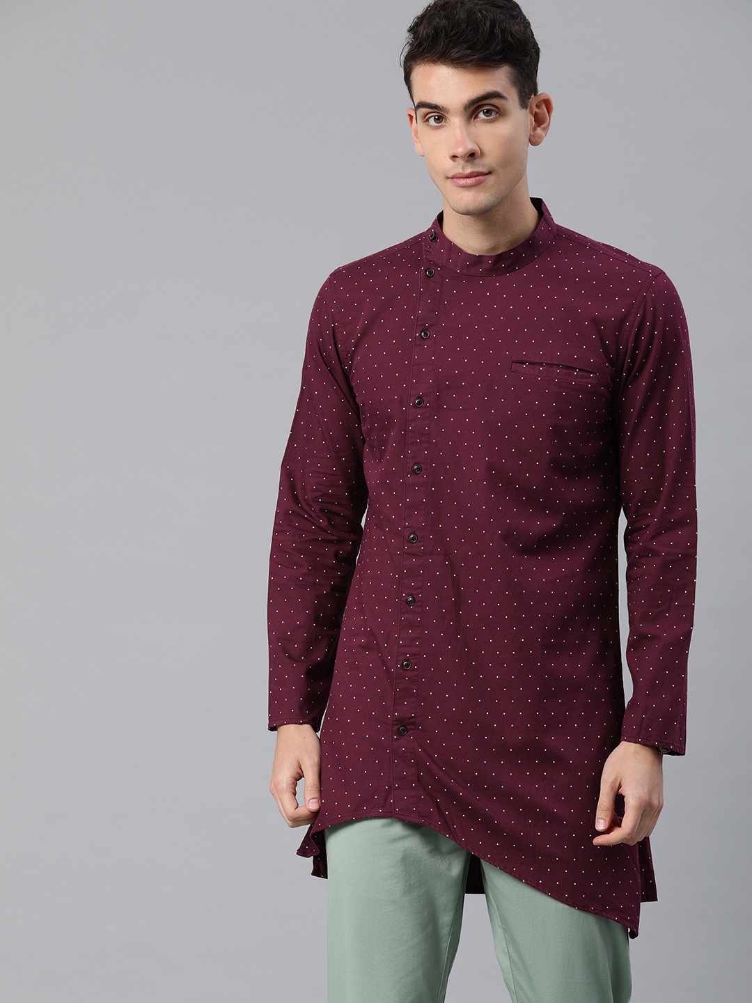 

IVOC Men Burgundy & White Printed Straight Asymmetric Kurta