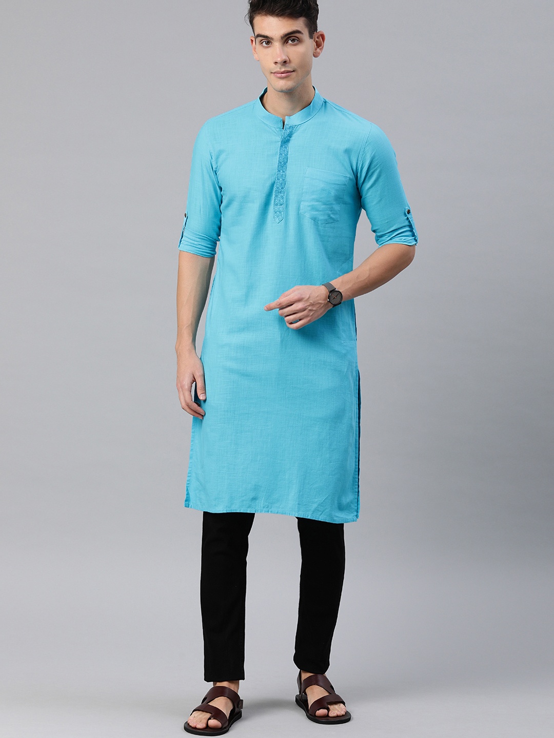 

IVOC Men Turquoise Blue Solid Straight Kurta