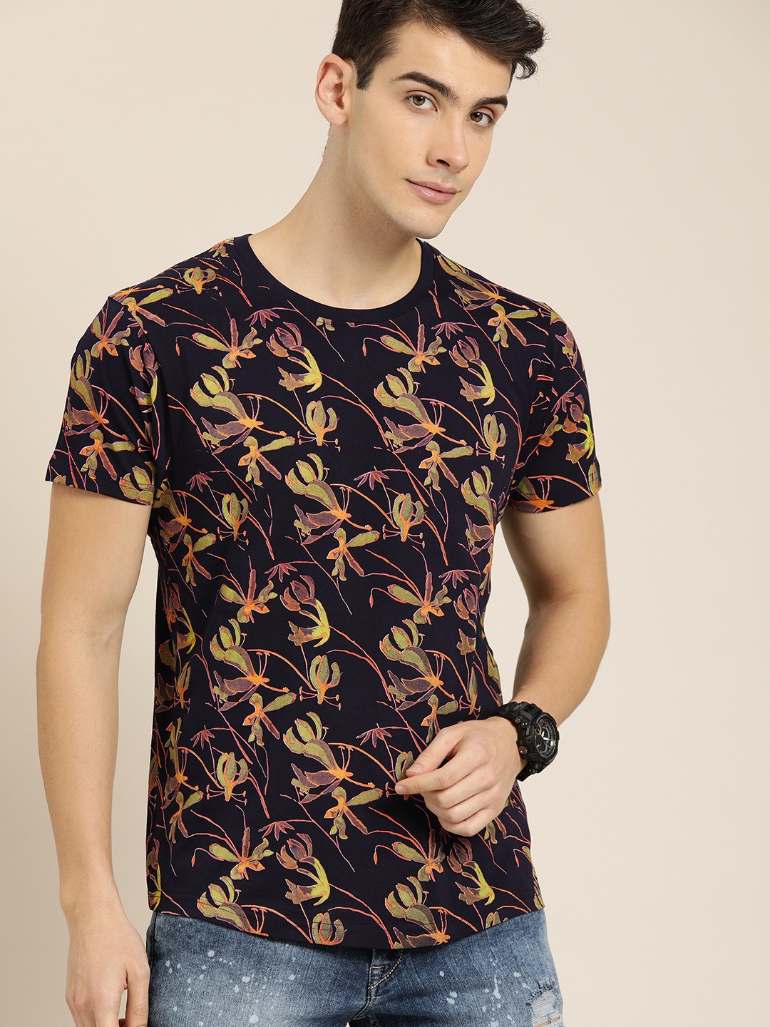 

Moda Rapido Men Navy Blue Green Printed Round Neck Pure Cotton T-shirt