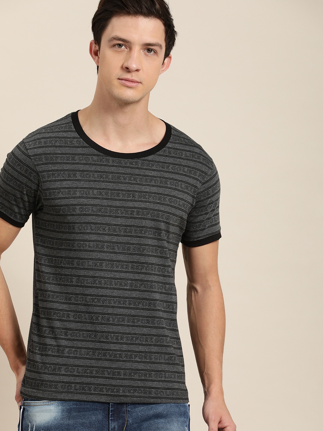 

Moda Rapido Men Grey Black Striped Round Neck Pure Cotton T-shirt