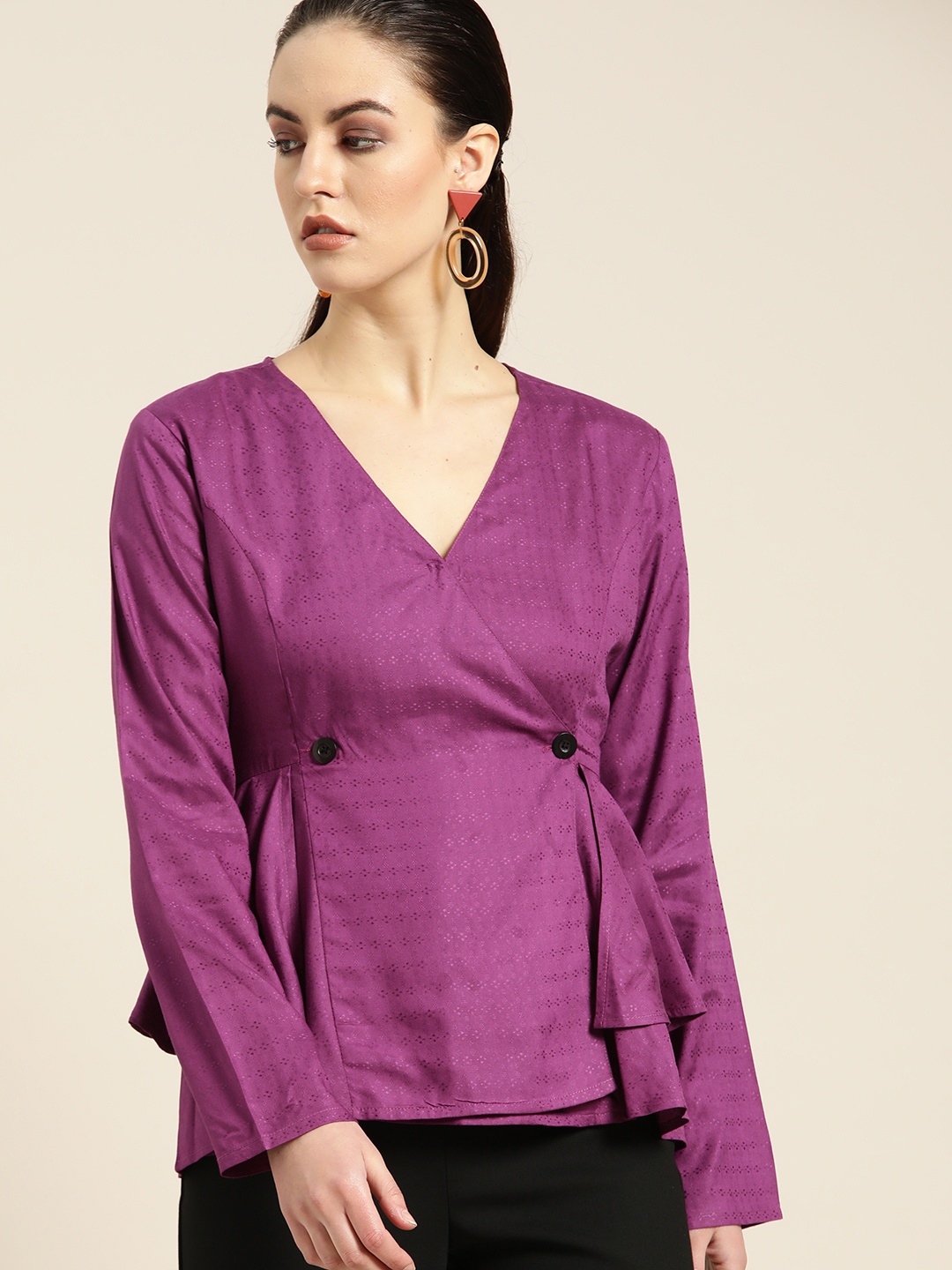 

Moda Rapido Women Purple Self Design Wrap Top