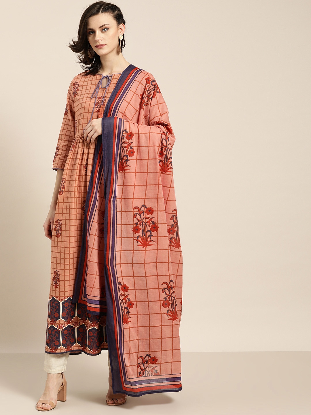 

Moda Rapido Women Peach-Coloured & Brown Printed A-Line Kurta With Dupatta