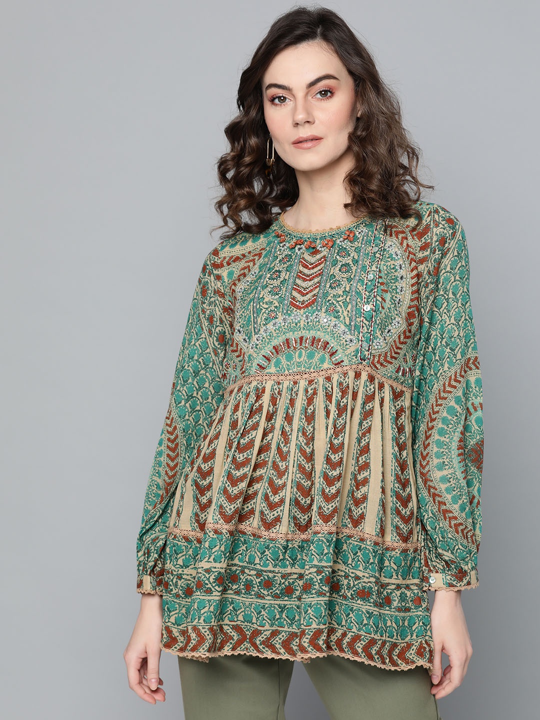 

Ritu Kumar Women Beige & Green Printed A-Line Kurti