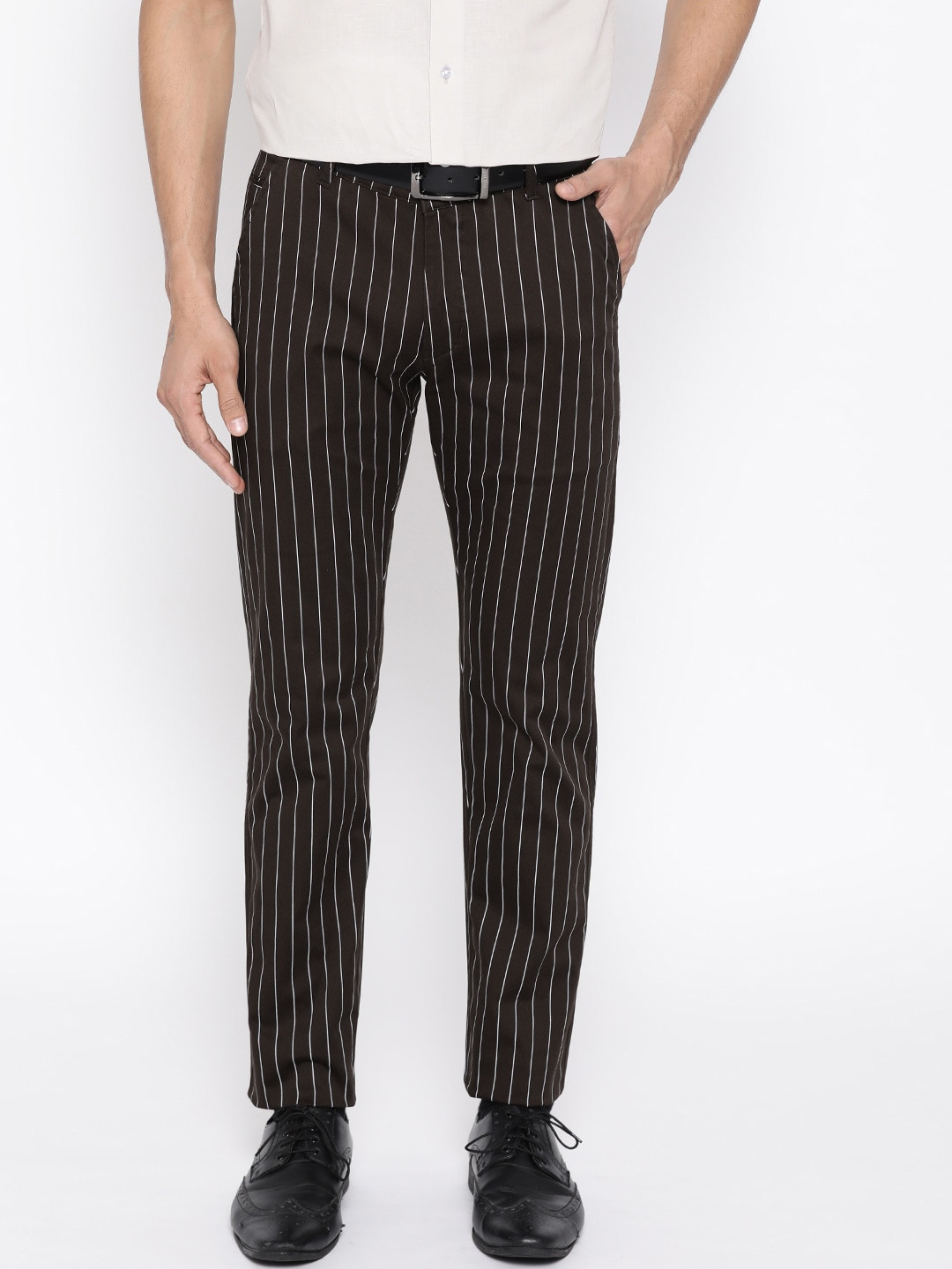 

Hancock Men Coffee Brown & White Slim Fit Striped Formal Trousers