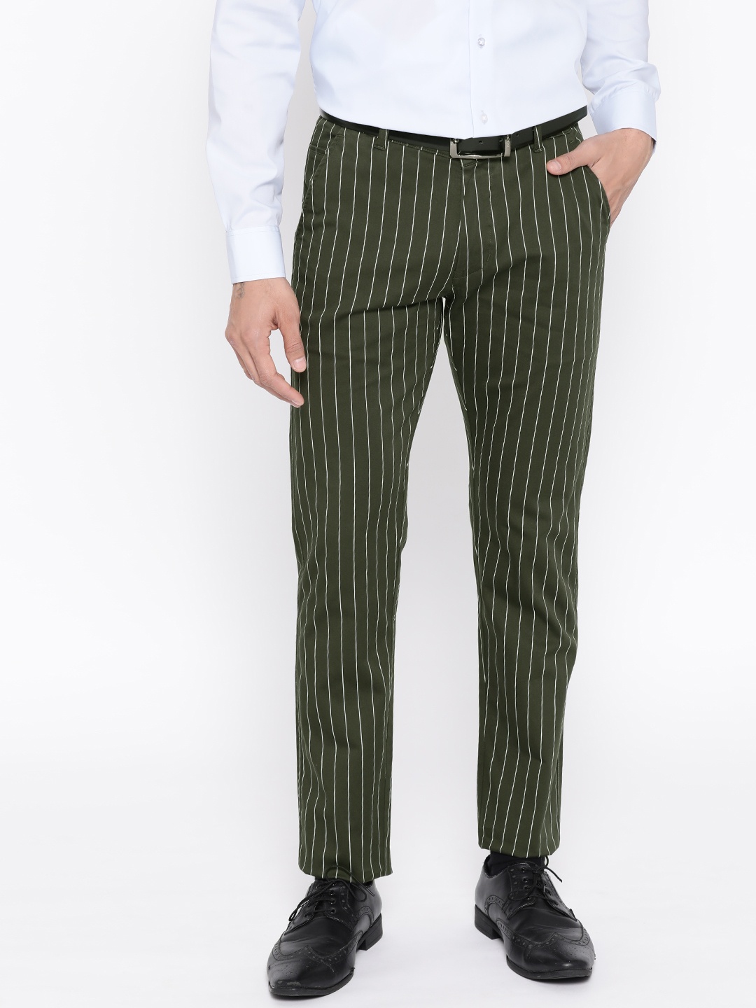 

Hancock Men Olive Green & White Slim Fit Striped Formal Trousers