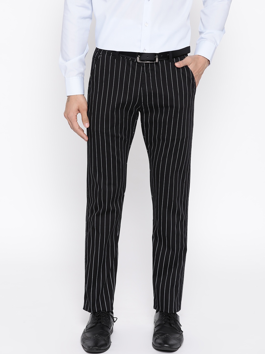 

Hancock Men Black & White Slim Fit Striped Formal Trousers