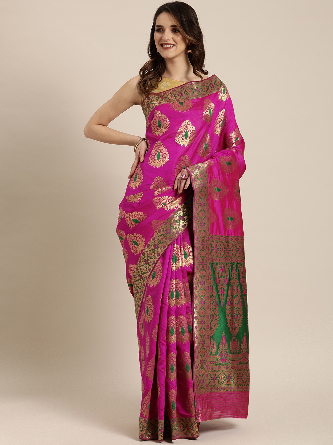 

VASTRANAND Pink & Gold-Toned Silk Blend Woven Design Banarasi Saree