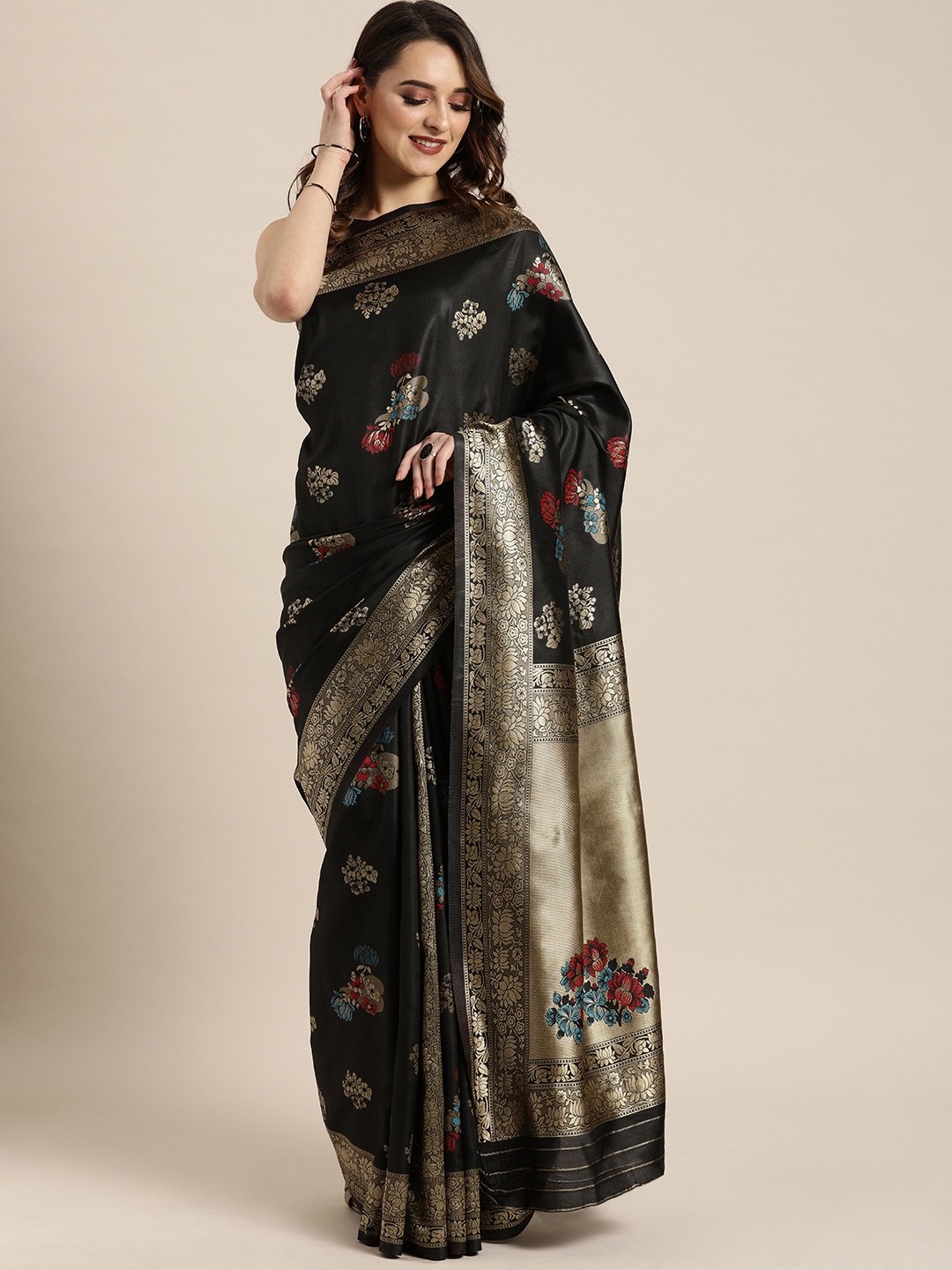 

VASTRANAND Black & Gold-Toned Silk Blend Woven Design Banarasi Saree