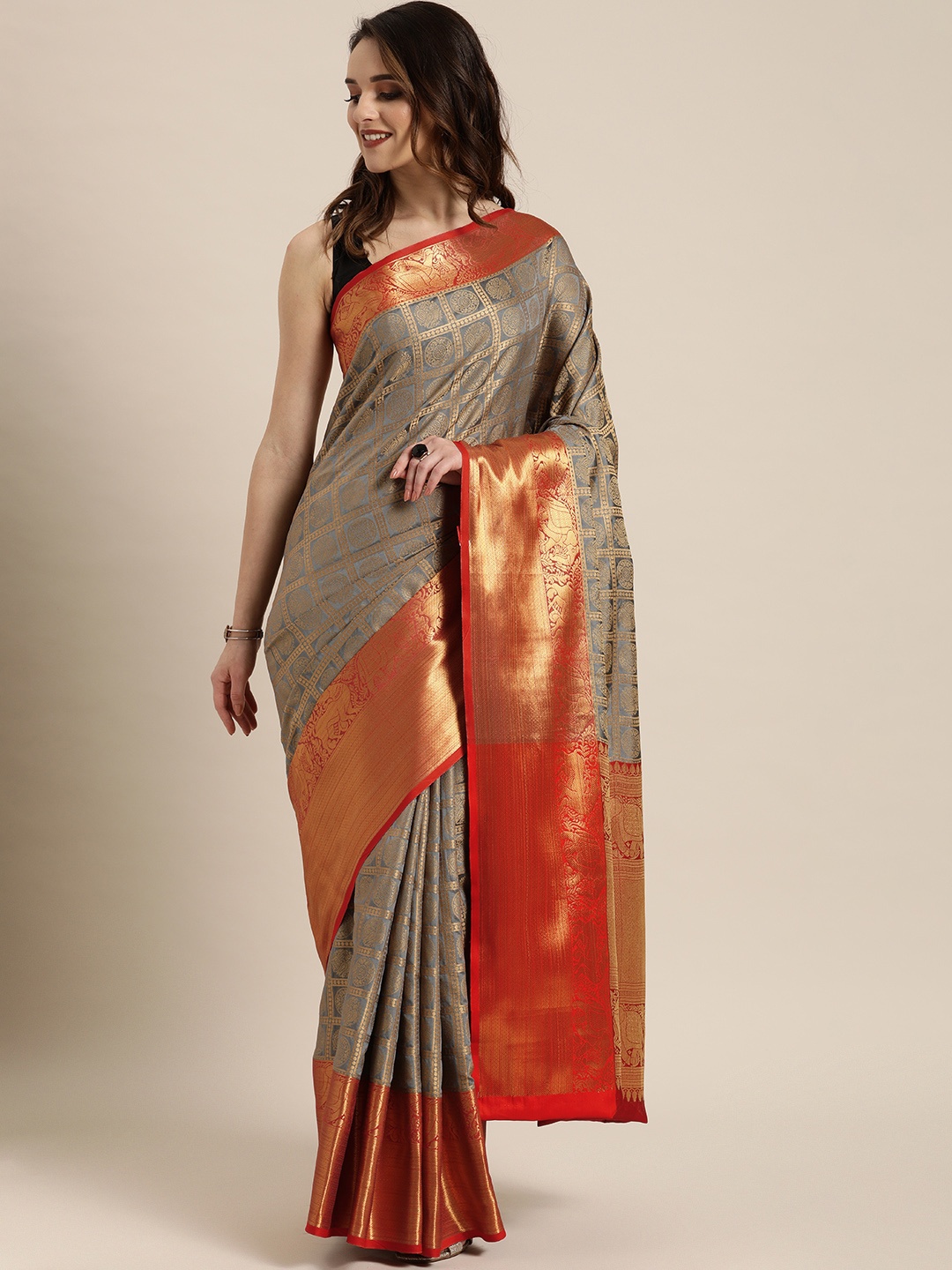 

VASTRANAND Grey & Gold-Toned Silk Blend Woven Design Kanjeevaram Saree