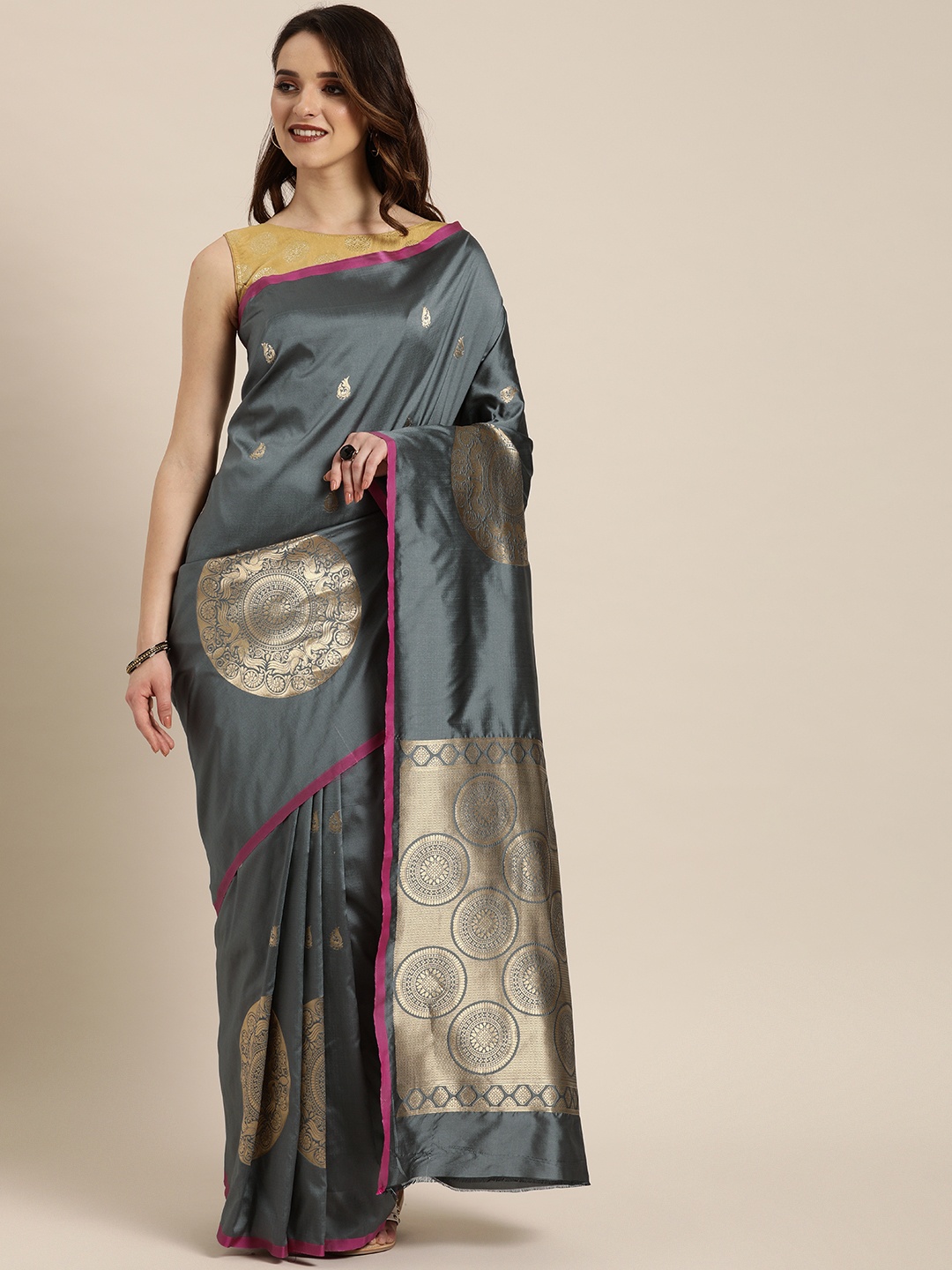 

VASTRANAND Grey & Gold-Toned Silk Blend Woven Design Banarasi Saree