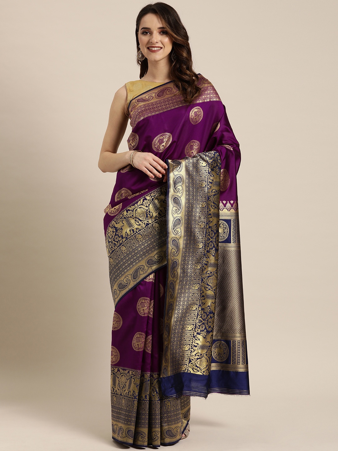 

VASTRANAND Burgundy & Gold-Toned Silk Blend Woven Design Banarasi Saree