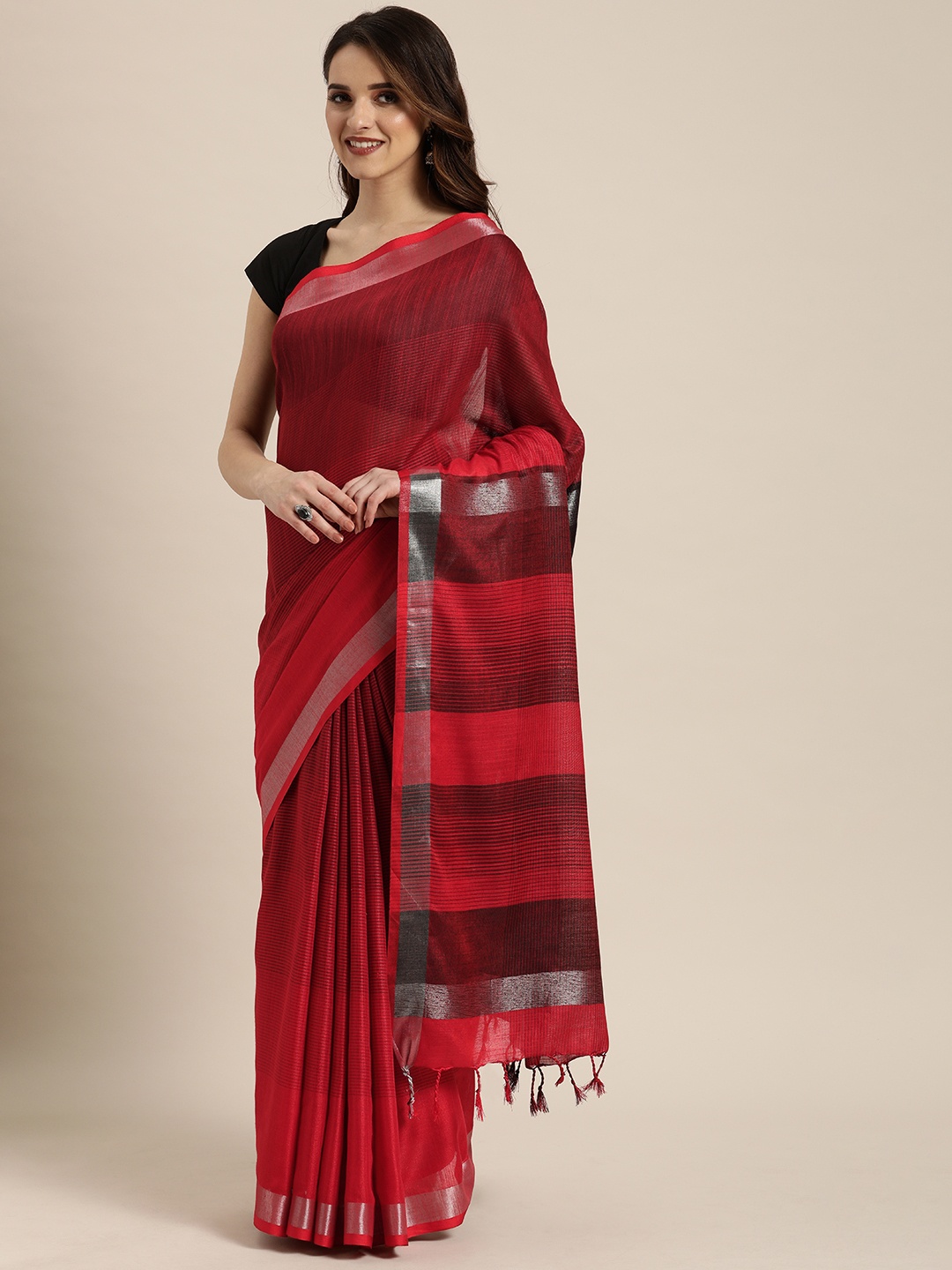 

VASTRANAND Red & Black Linen Blend Striped Saree