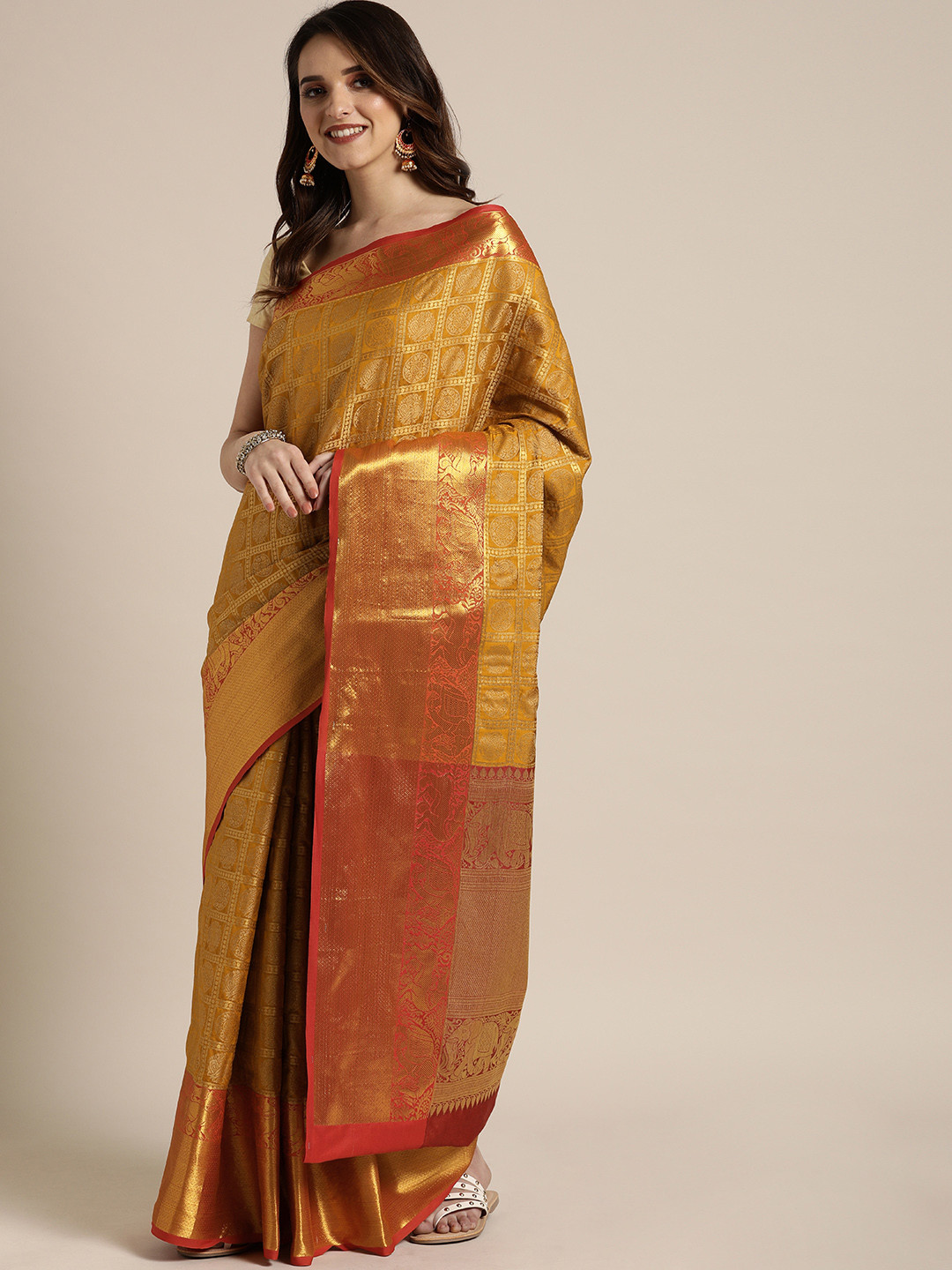 

VASTRANAND Mustard Yellow & Red Silk Blend Woven Design Kanjeevaram Saree