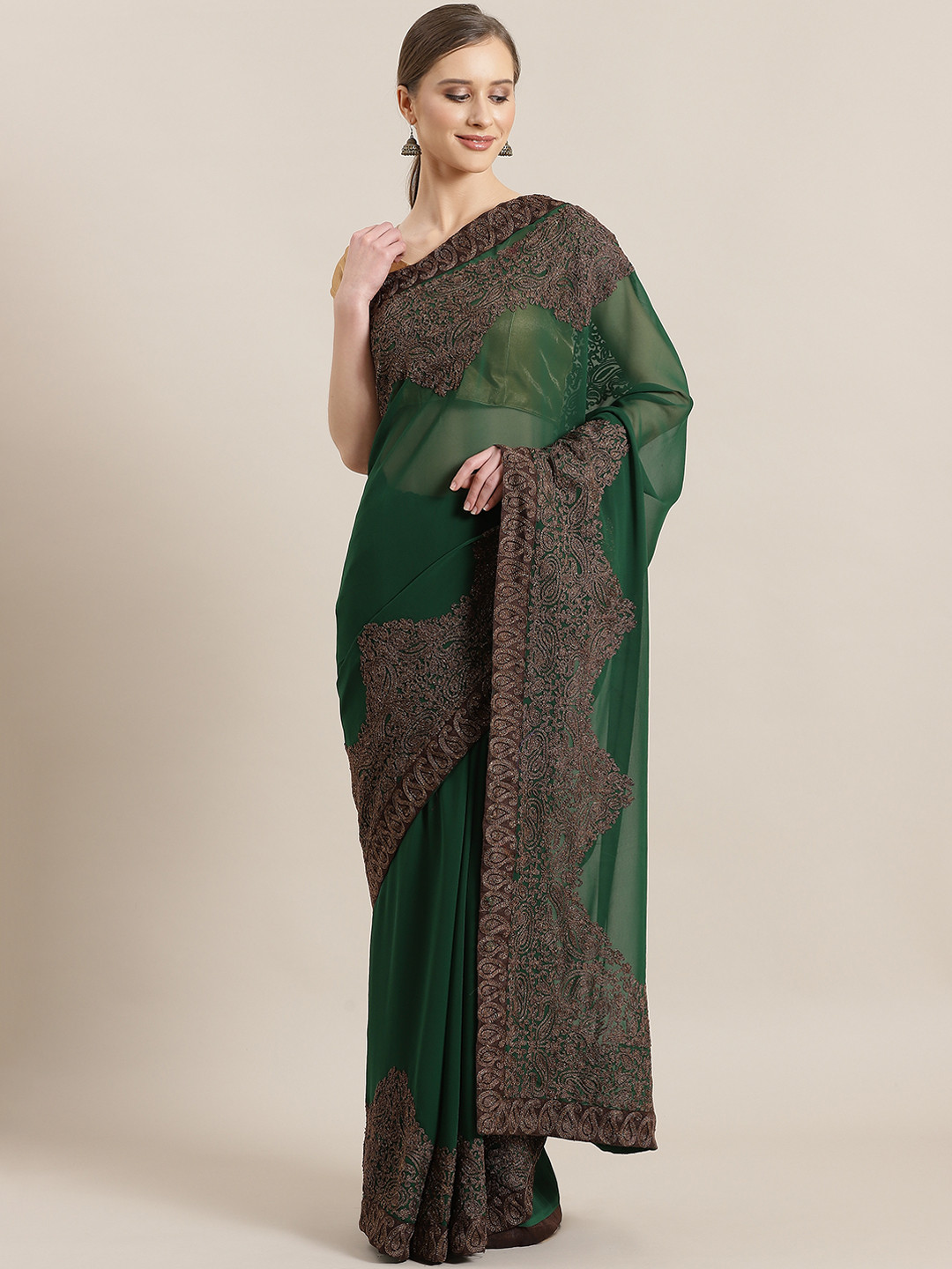 

Kalista Green & Coffee Brown Solid Saree