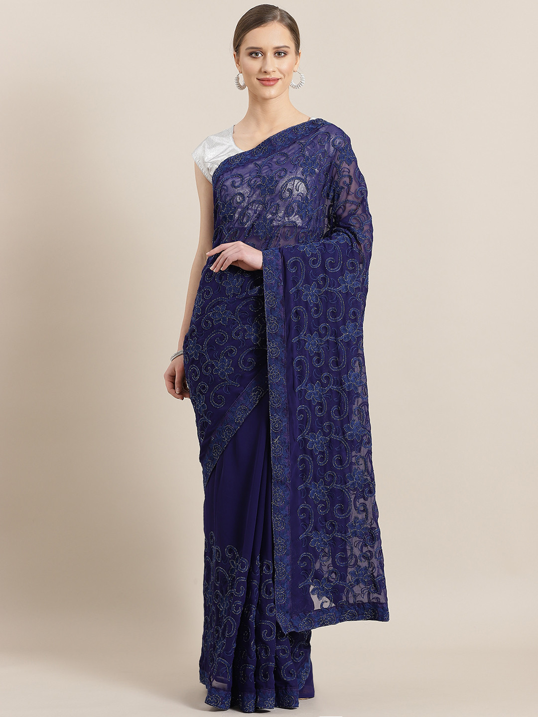 

Kalista Navy Blue Embroidered Saree