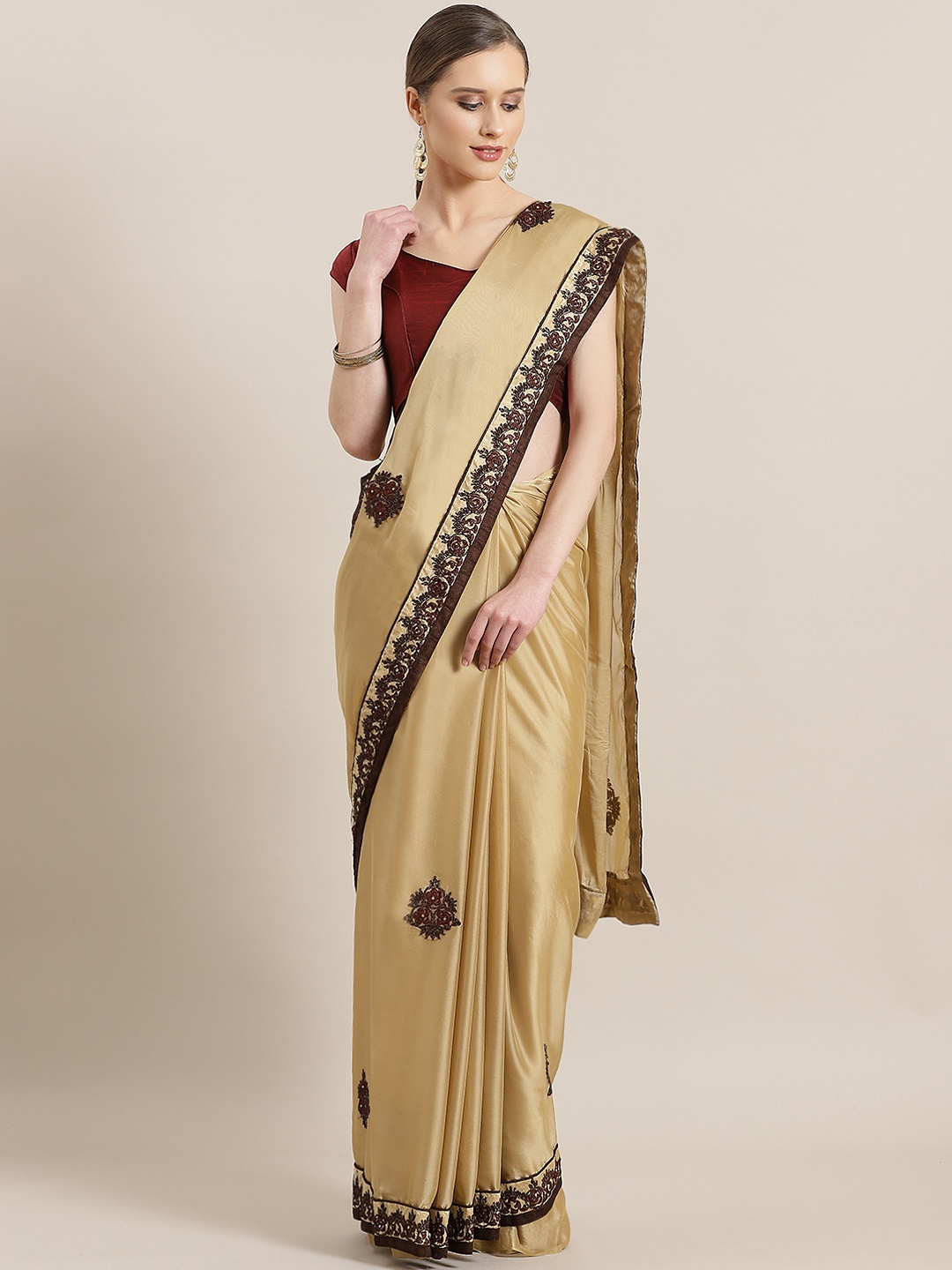 

Kalista Beige & Coffee Brown Embroidered Saree