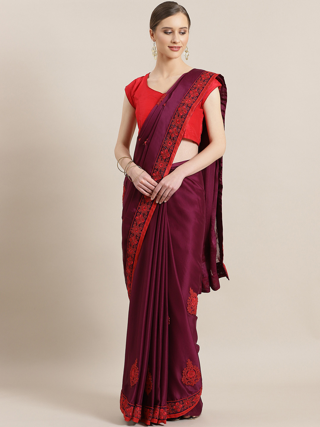 

Kalista Wine-Coloured & Red Embroidered Saree, Purple