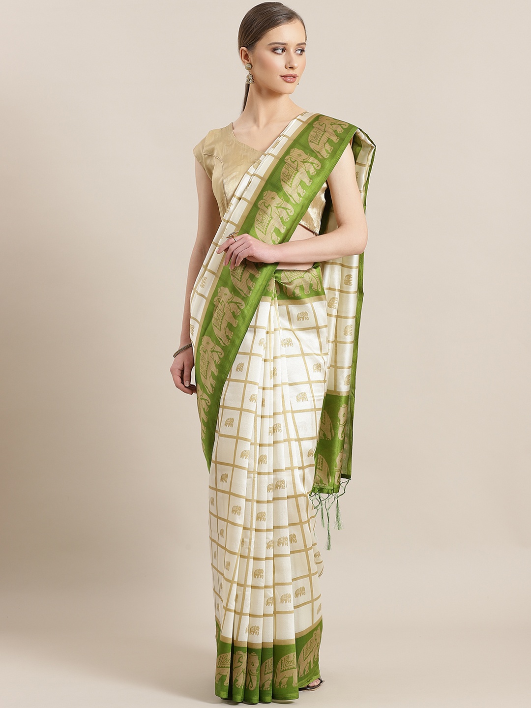 

Kalista Off-White & Green Checked Mysore Silk Saree