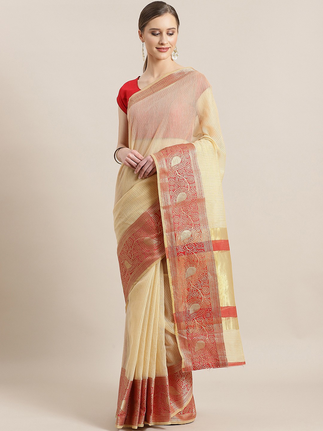 

Kalista Beige Self-Checked Saree