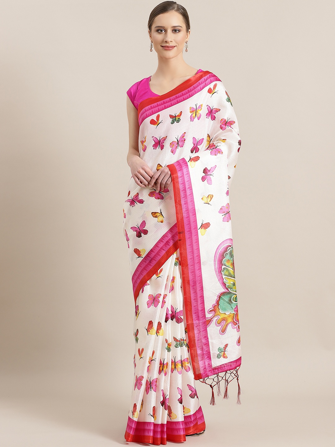 

Kalista White & Pink Printed Saree