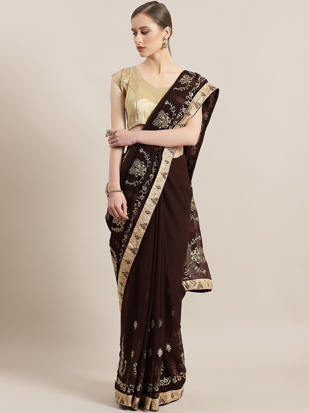 

Kalista Coffee Brown & Golden Embroidered Saree