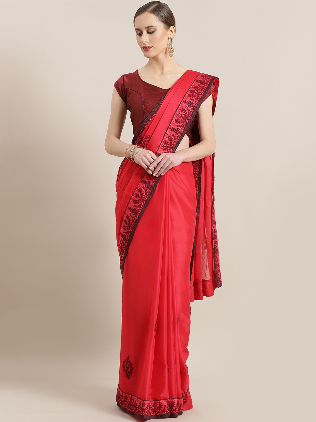 

Kalista Red & Burgundy Embroidered Saree