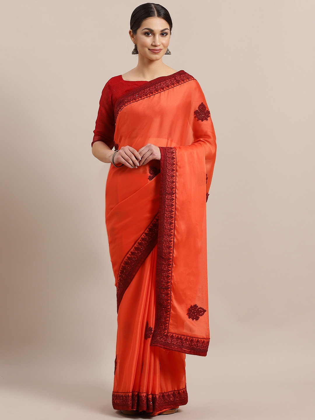 

Kalista Orange & Maroon Embroidered Saree