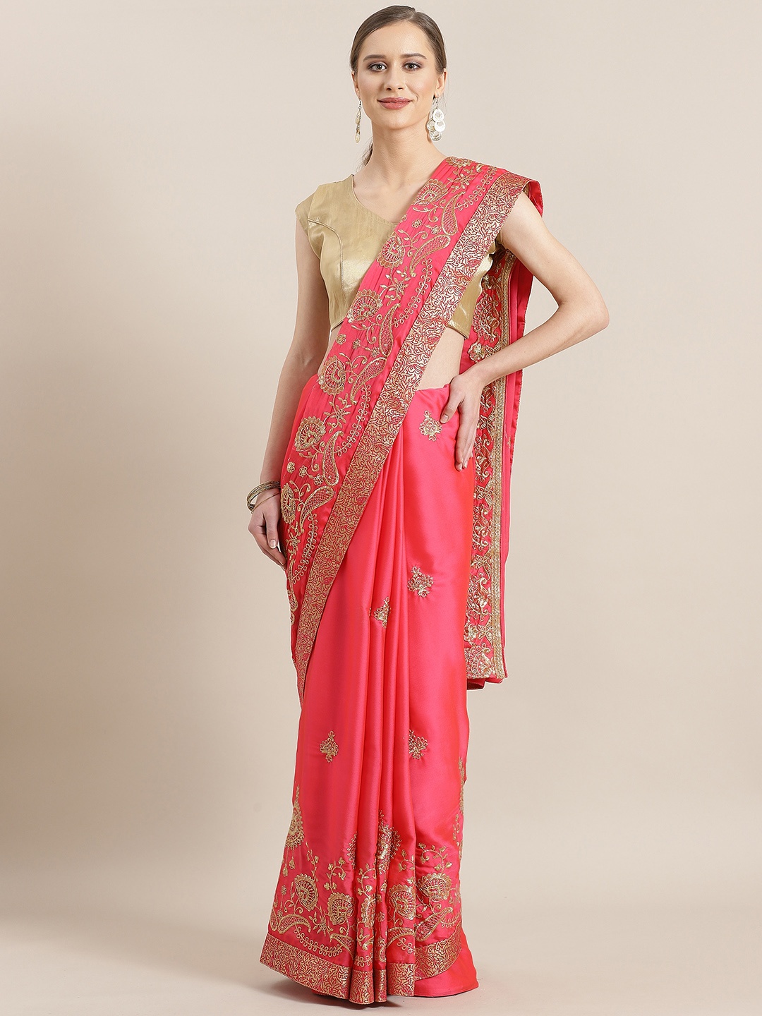 

Kalista Coral Pink & Golden Embroidered Saree