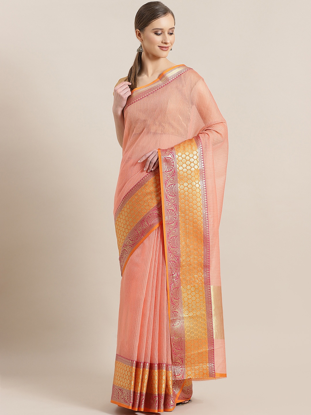 

Kalista Peach-Coloured Self-Striped Saree