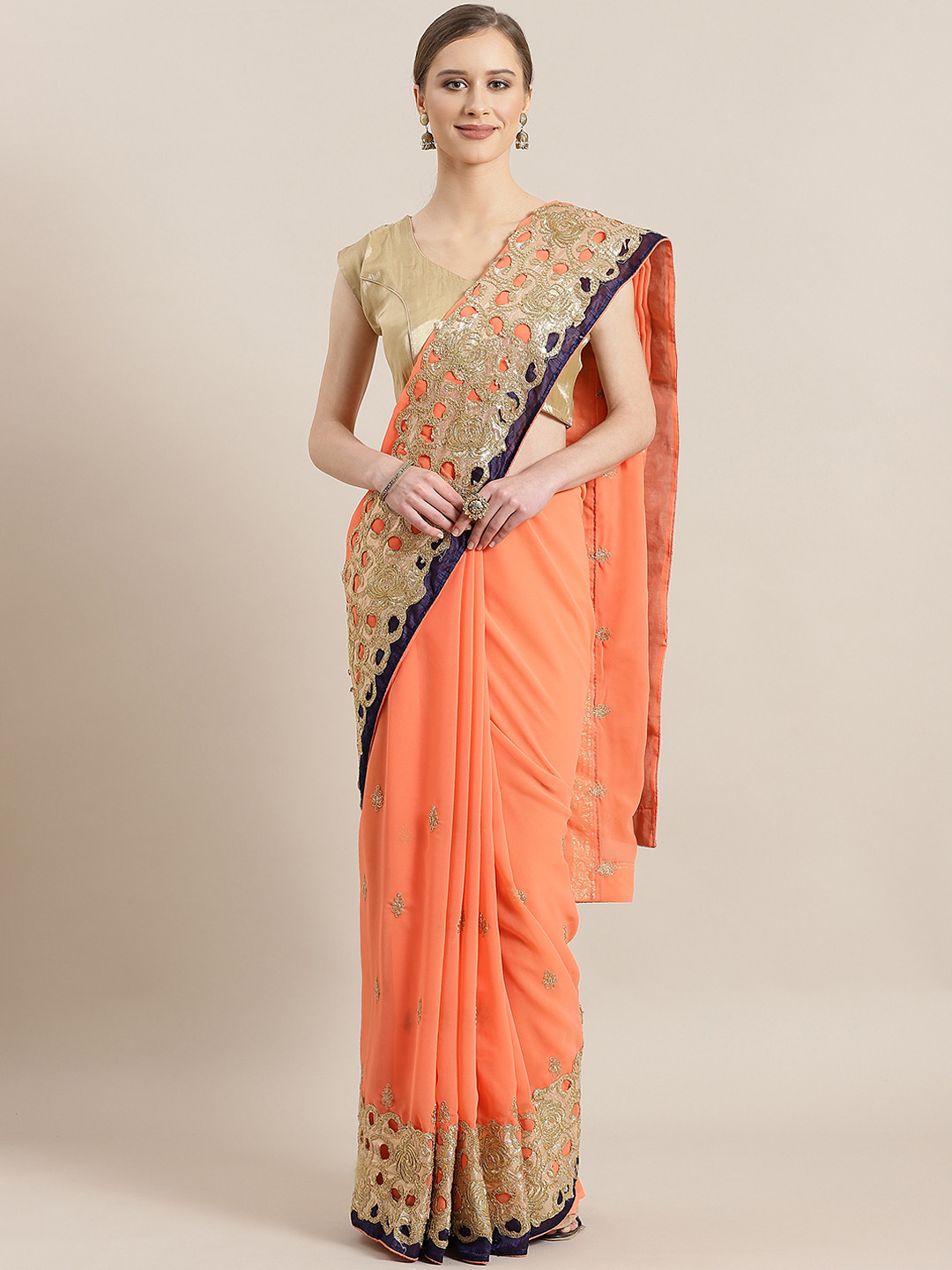 

Kalista Peach-Coloured Embroidered Saree
