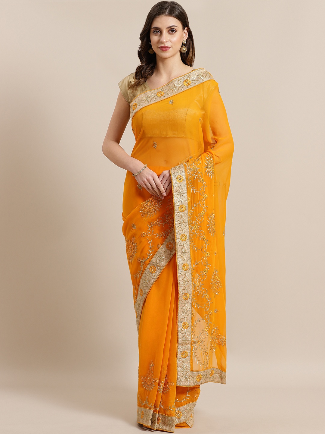 

Kalista Mustard Yellow Embroidered Saree