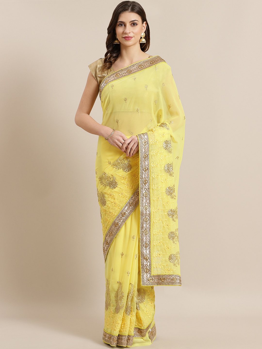 

Kalista Yellow Embroidered Saree
